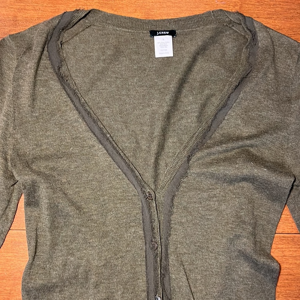 J. Crew Olive Green Cardigan With Silk Detail and Pockets SMALL